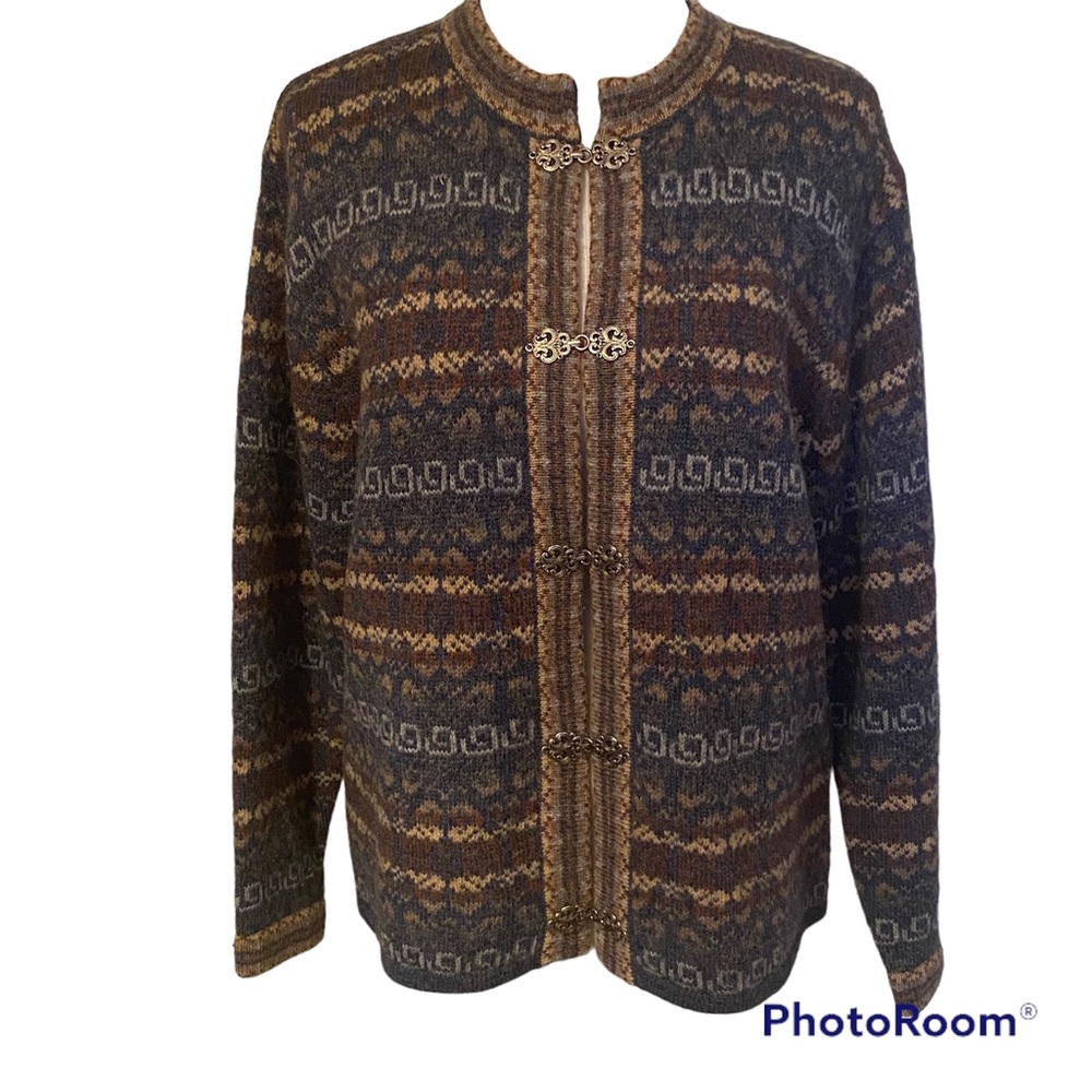 SQUAW VALLEY SWEATER CARDIGAN FAIR ISLE WOOL BLUE TAN GRAY BROWN SIZE M